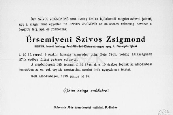 Szívós Zsigmond gyászjelentése